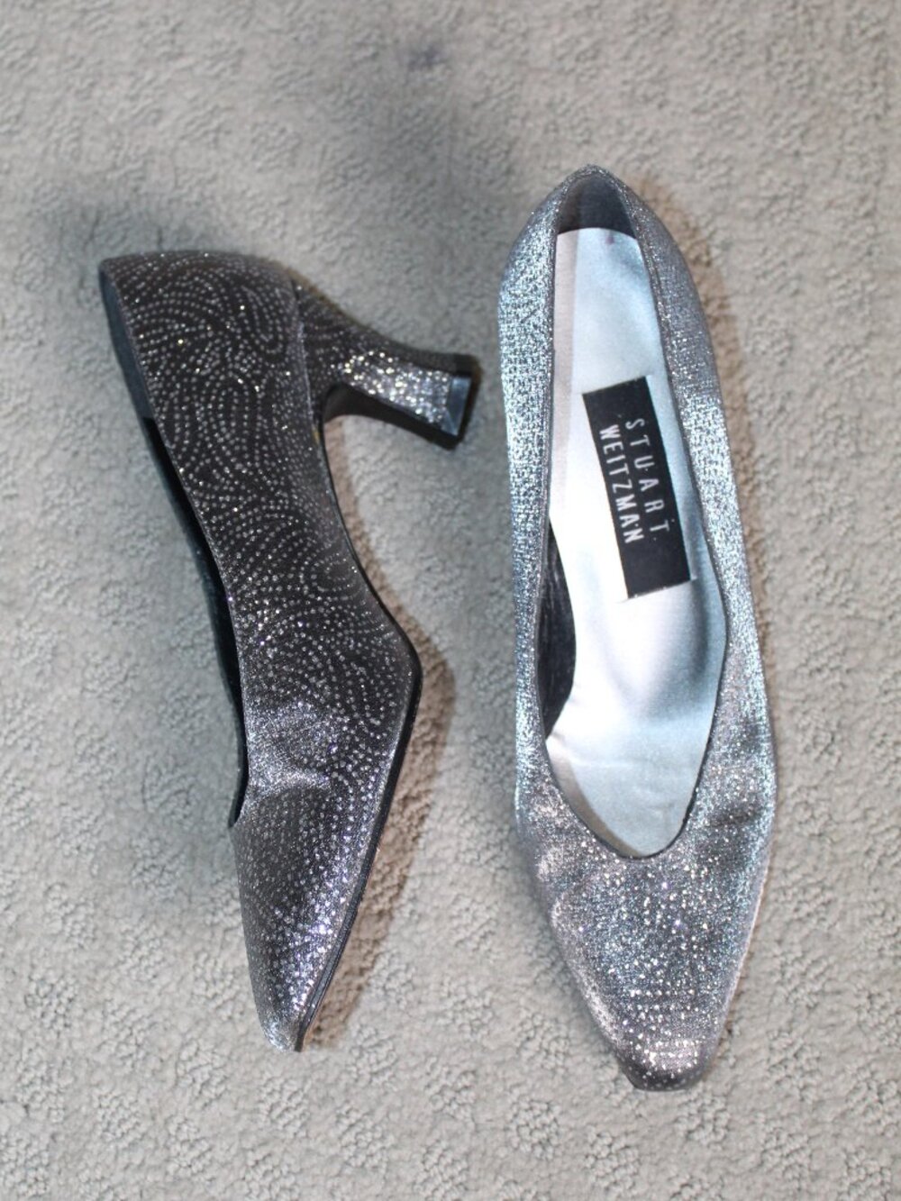 Stuart Weitzman Womens Size 6B Silver Glitter Paisley Design Closed Toe Low Heel